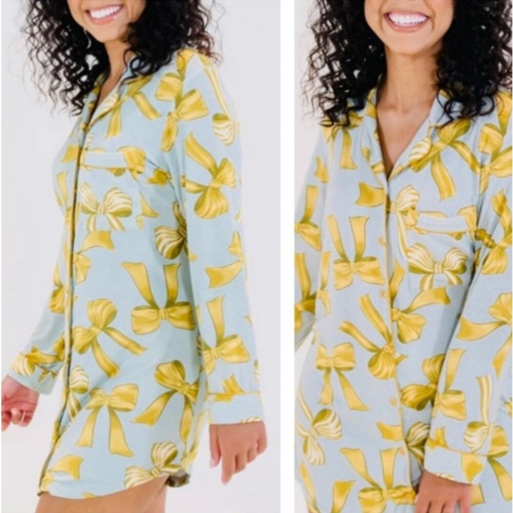 In My Sundays Pajama Shirt Dress Womens XS Blue Bows Print Button Up Sleep